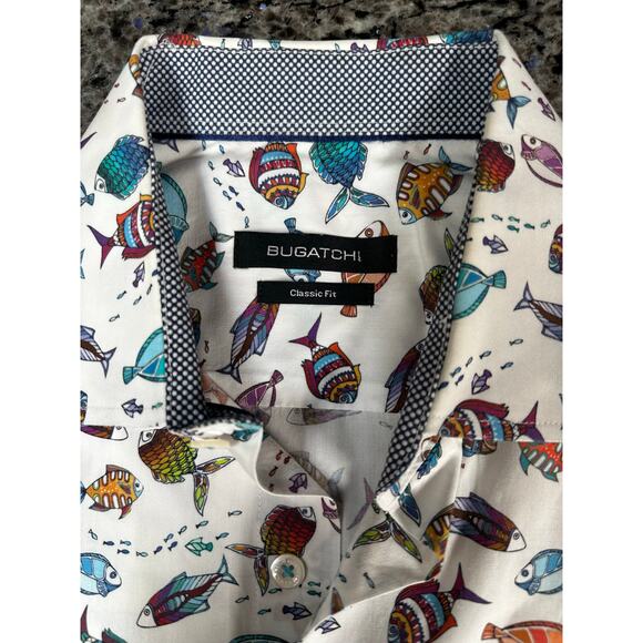 Bugatchi Classic Fit White Button-Up Shirt, Colorful Tropical Fish Print, Size M - Picture 2 of 7